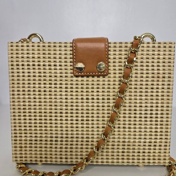 NWOT J. McLaughlin Wicker Woven Crossbody Box Bag Brown Rectangular Chain - Picture 3 of 8